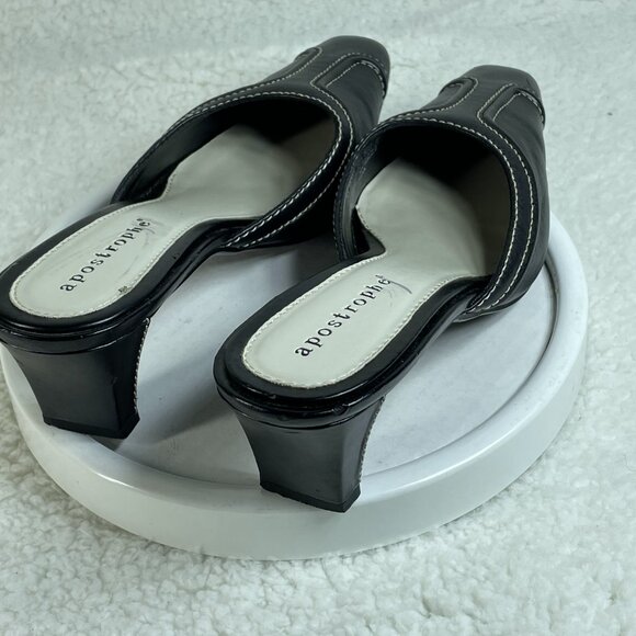 Apostrophe Mules Womens Size 7.5 Black Slide On Mules 2 Inch Block Heel Leather - Picture 2 of 10